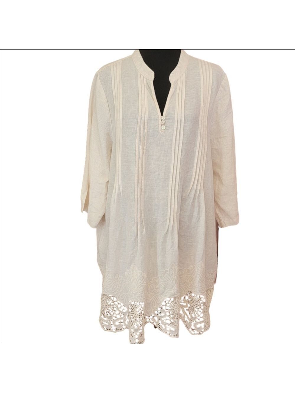 Symple NYC Flax Linen Tunic Embroidered Lace 3/4 Sleeve V-neck Dress Size 1X EUC